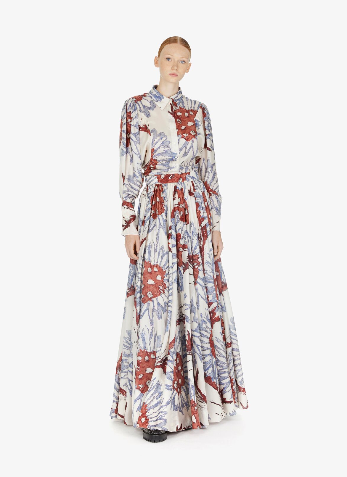 Wide printed habotai silk skirt  ALAÏA WHITE/GRAY BLUE WIDE PRINTED HABOTAI SILK SKIRT